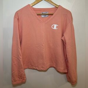 Champion Coral Pink V-Neck Long Sleeve Cropped Sweatshirt Women’s Size M